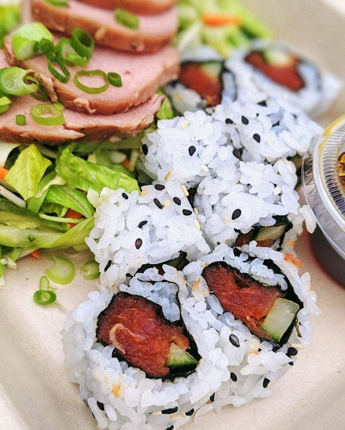 Teriyaki Pork Salad and Spicy Tuna Sushi Roll
